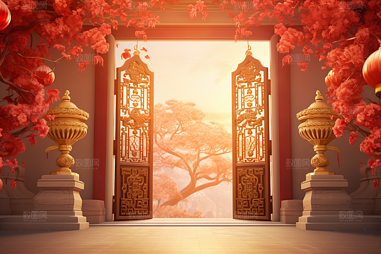 中式传统门楼喜庆促销背景图