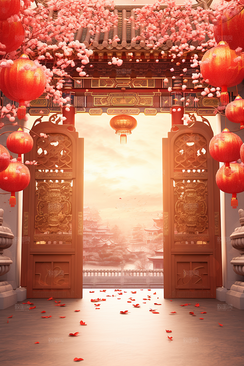 中式传统门楼开业火热背景图