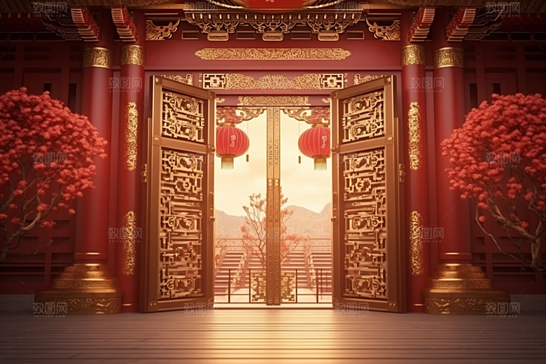 中式传统门楼促销直播背景图