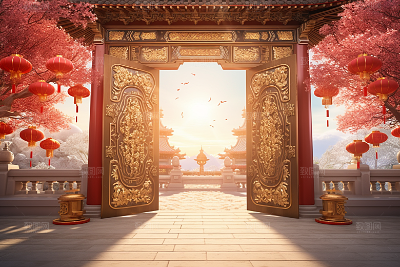 中式传统门楼开业大吉国潮背景图