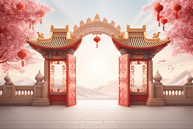 中式传统门楼开业大吉开业背景图