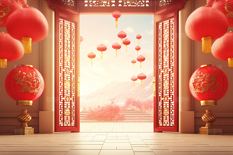 中式传统门楼开业喜庆背景图
