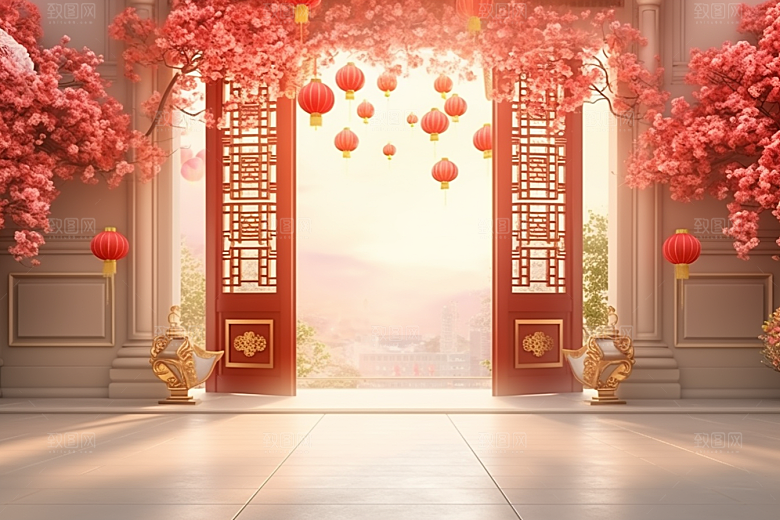 中式传统门楼中国风开门红背景图