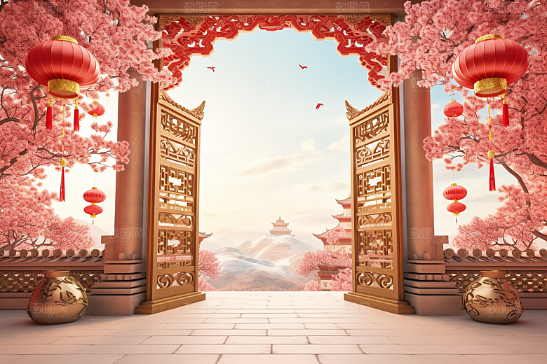中式传统门楼火热开业大吉背景图