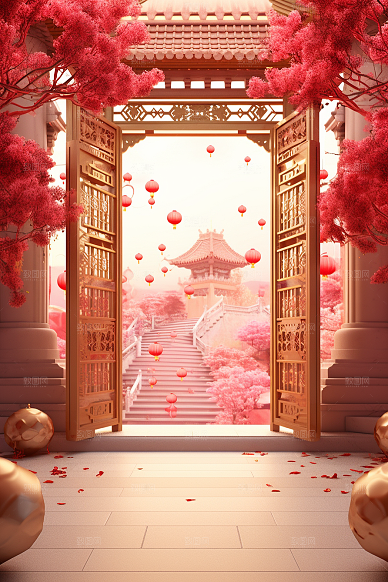 中式传统门楼开门红开业背景图