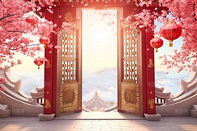中式传统门楼直播国潮背景图