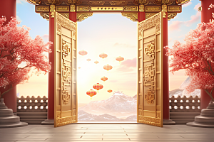 中式传统门楼开门红中国风背景图