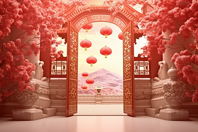 中式传统门楼开业国潮背景图