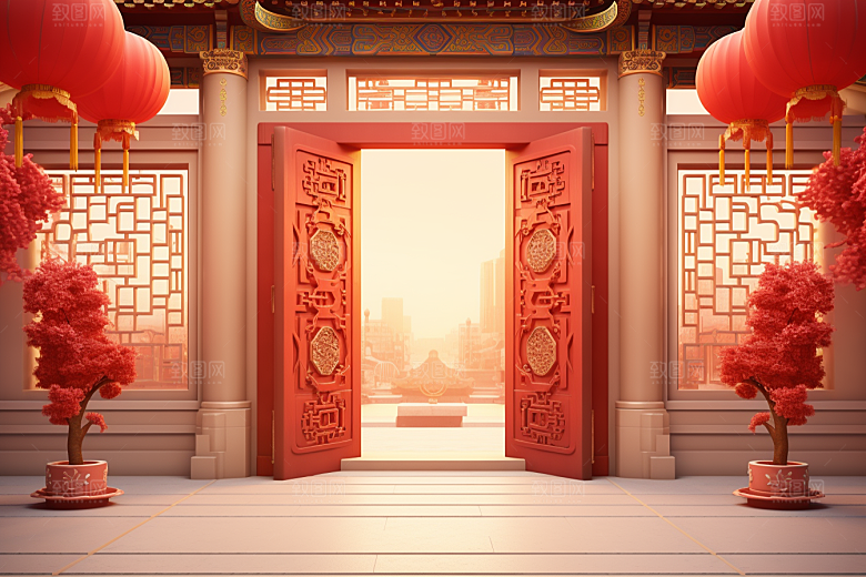 中式传统门楼直播开门红背景图
