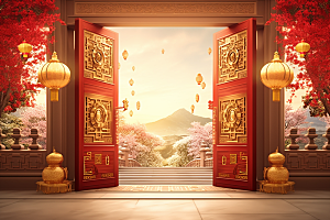中式传统门楼开门红国潮背景图