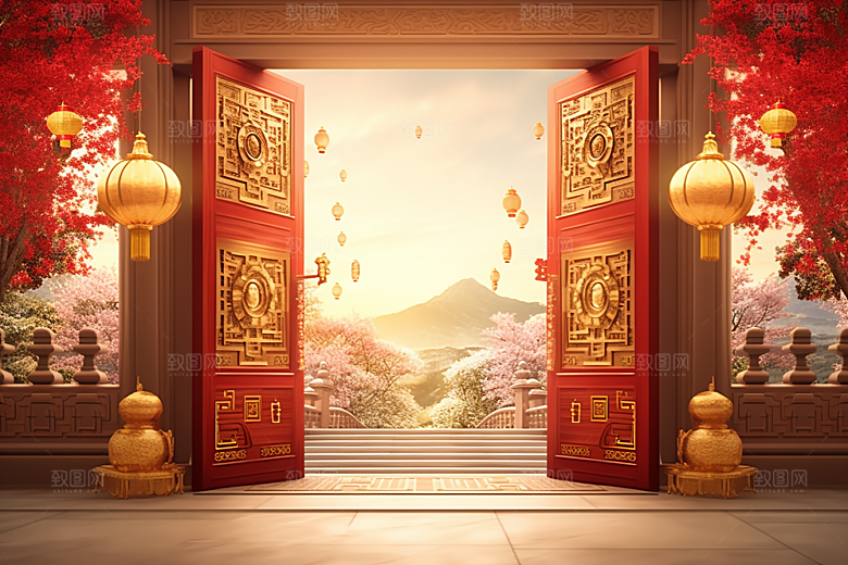 中式传统门楼开门红国潮背景图