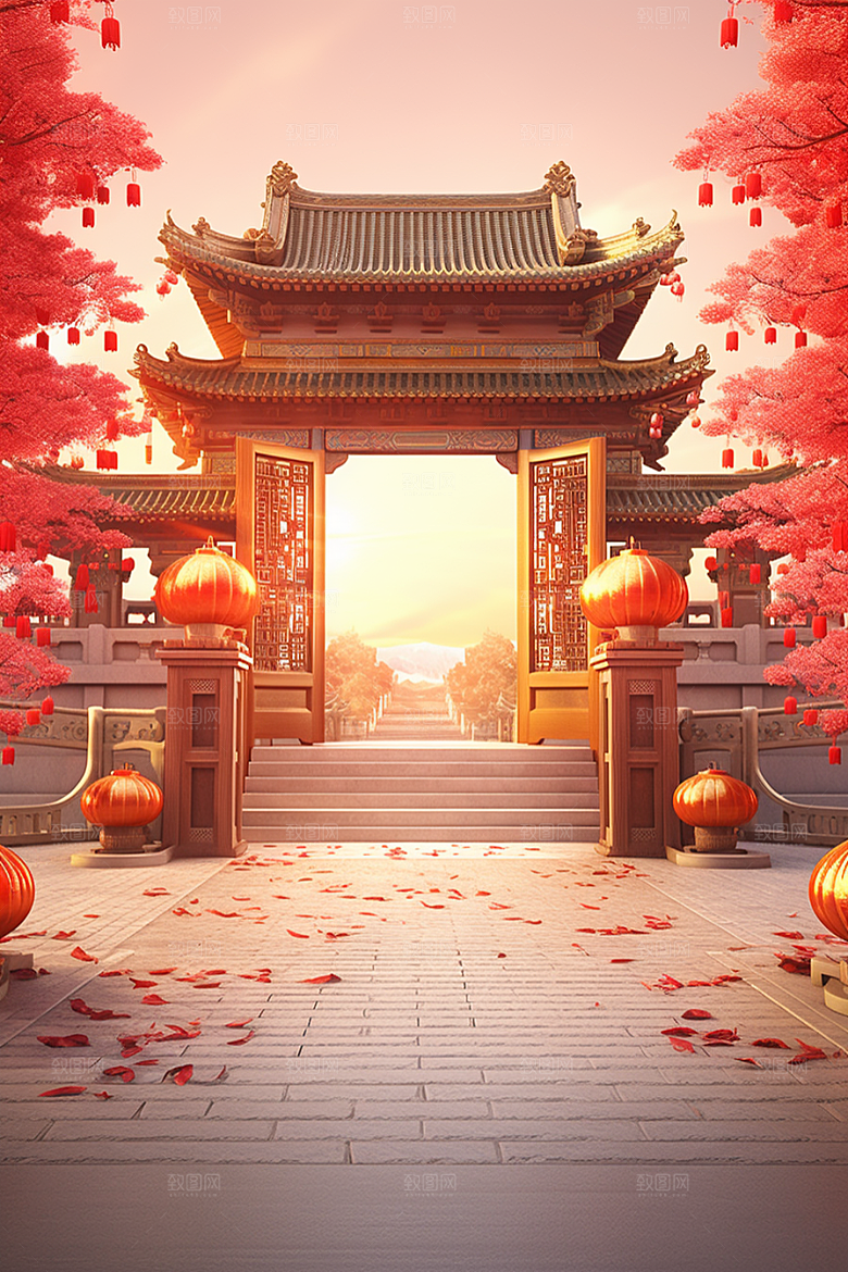 中式传统门楼开业大吉喜庆背景图