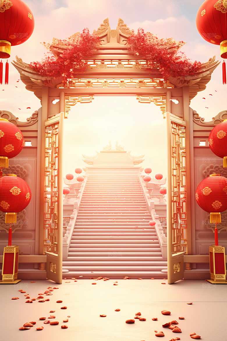 中式传统门楼促销直播背景图