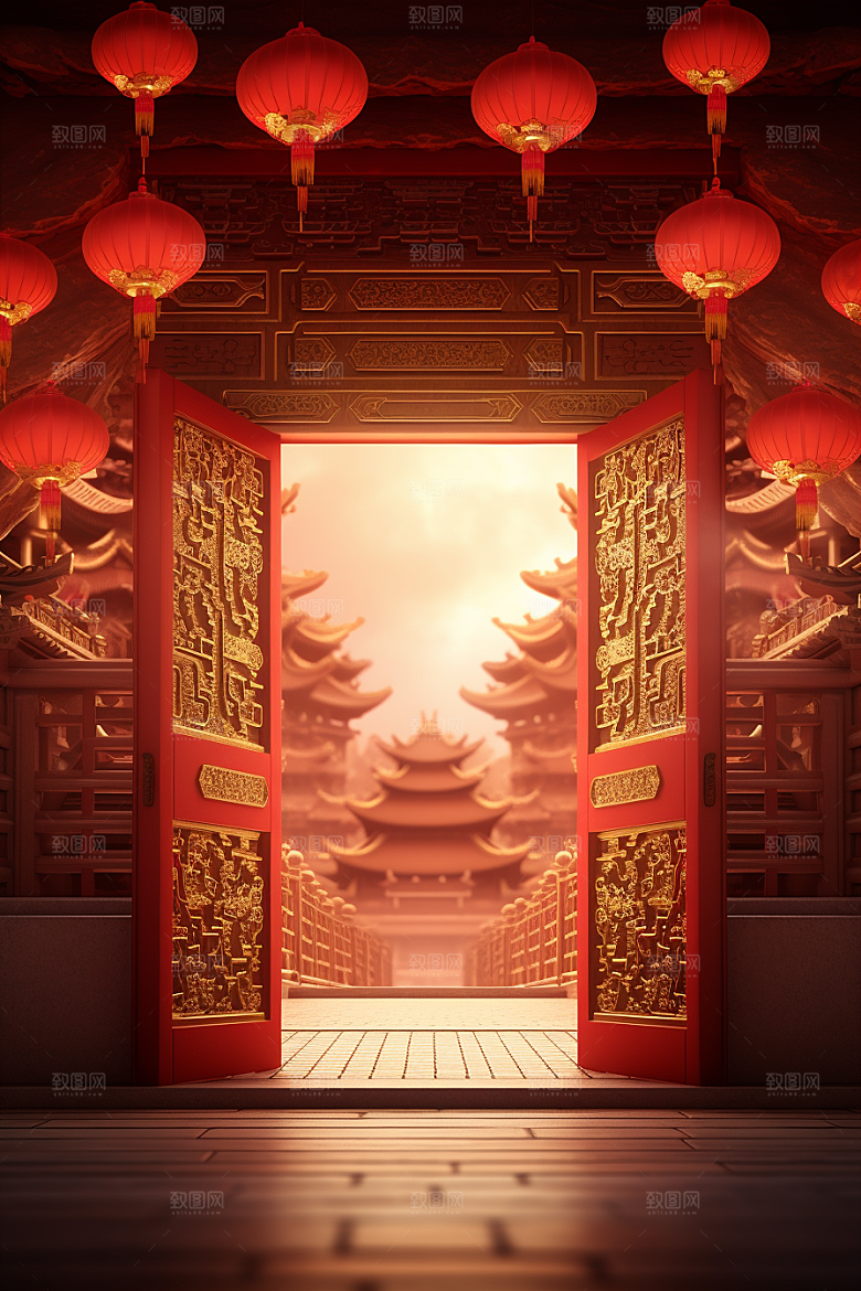 中式传统门楼国潮火热背景图