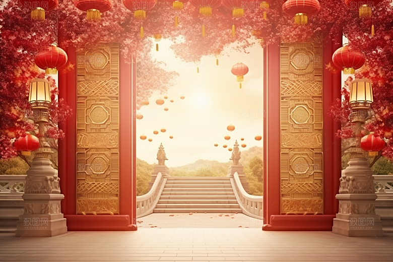 中式传统门楼火热中国风背景图