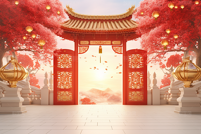 中式传统门楼开门红开业背景图