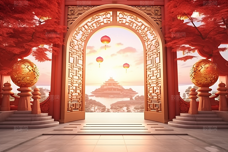 中式传统门楼中国风喜庆背景图