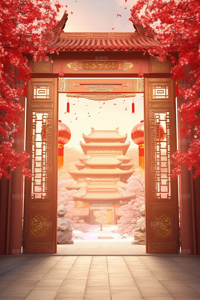中式传统门楼直播开门红背景图