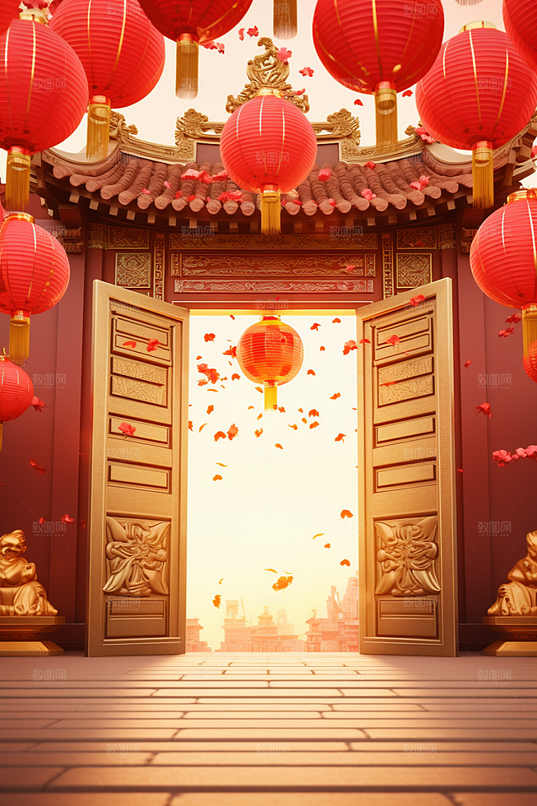 中式传统门楼火热促销背景图