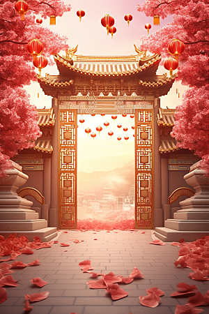 中式传统门楼直播开门红背景图