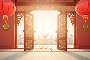 中式传统门楼促销喜庆背景图
