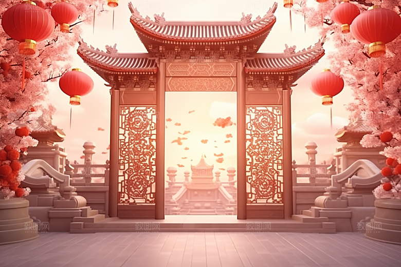 中式传统门楼火热开业大吉背景图