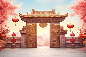 中式传统门楼促销中国风背景图