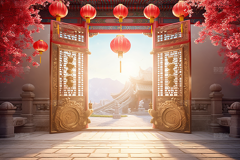 中式传统门楼国潮开业背景图