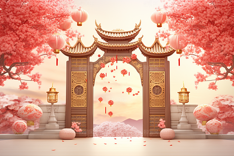 中式传统门楼开门红喜庆背景图
