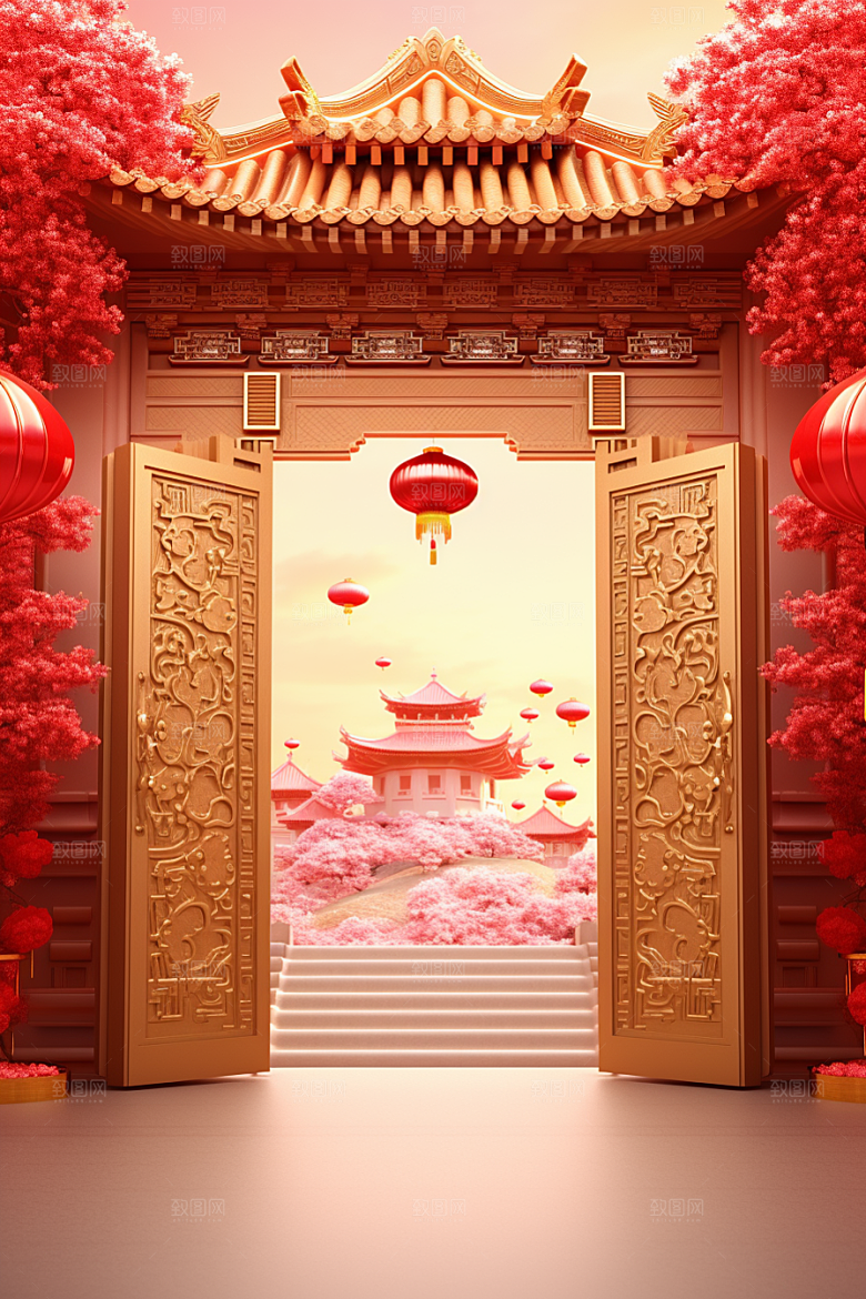 中式传统门楼喜庆中国风背景图