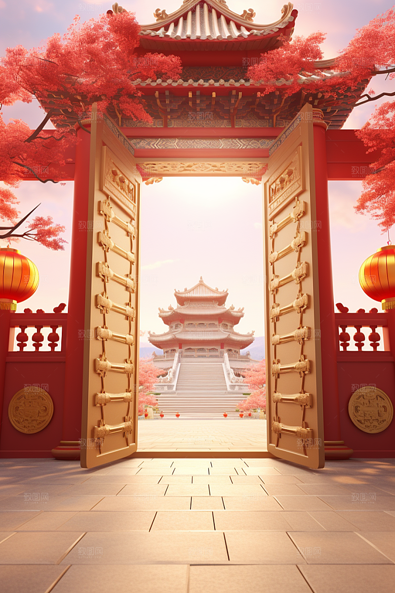 中式传统门楼火热促销背景图
