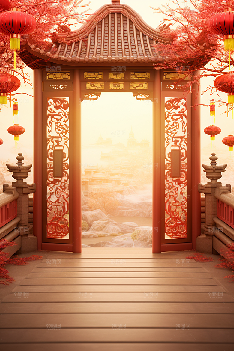中式传统门楼火热喜庆背景图