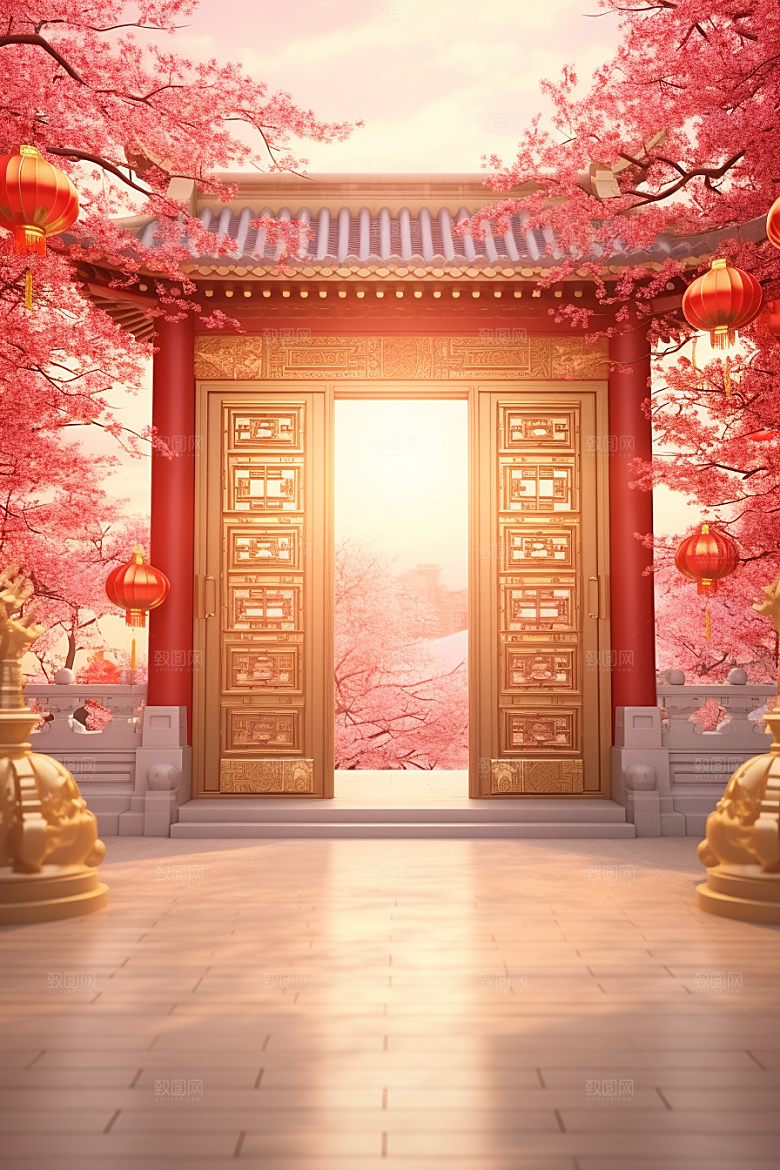 中式传统门楼中国风开门红背景图