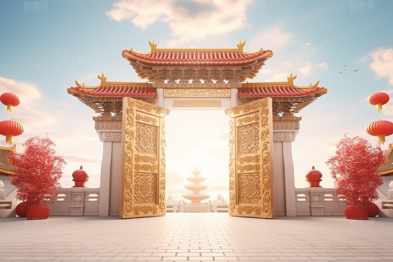 中式传统门楼直播开门红背景图