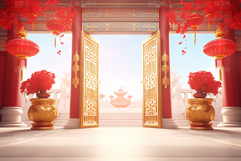 中式传统门楼热卖开业大吉背景图
