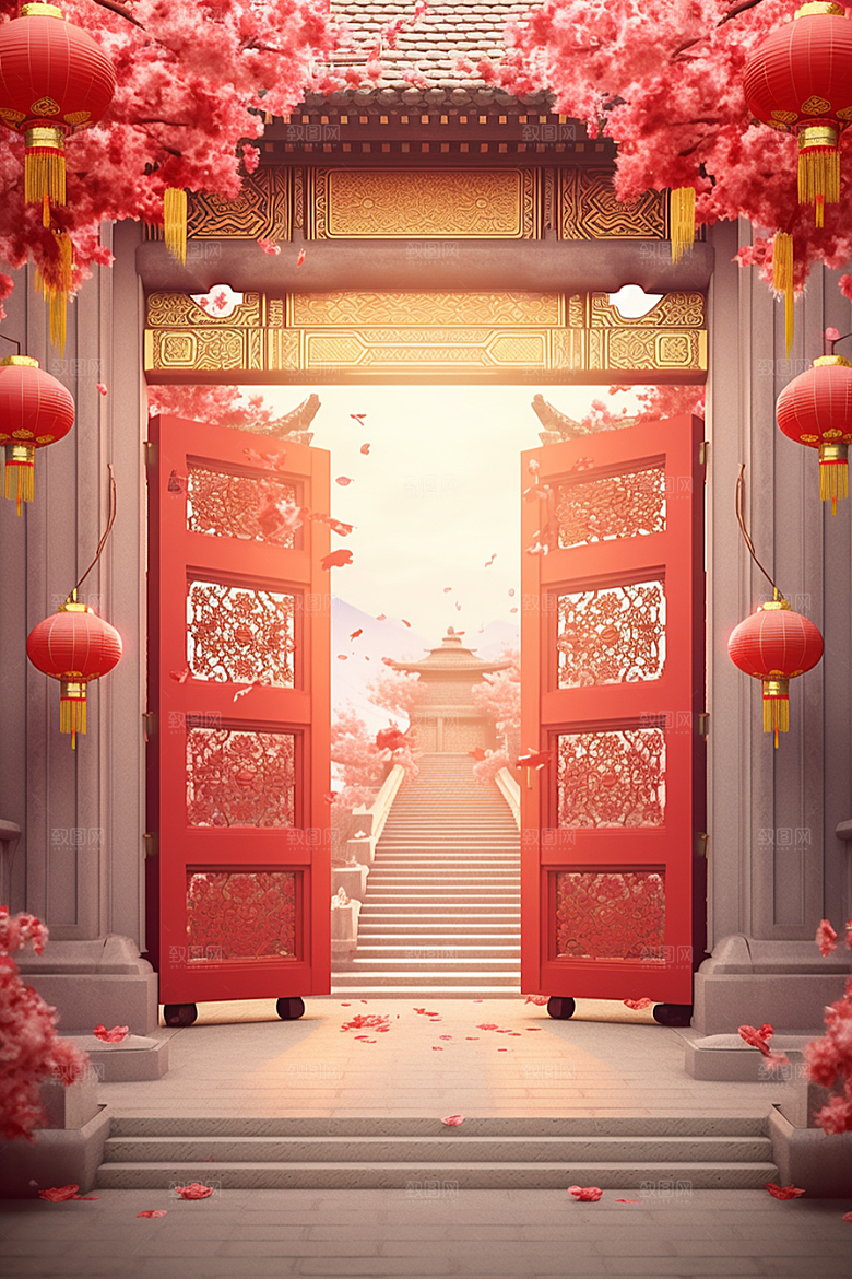 中式传统门楼火热开业背景图