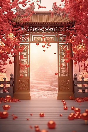 中式传统门楼开门红促销背景图