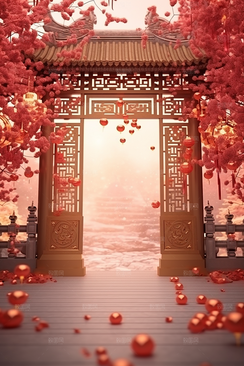 中式传统门楼开门红促销背景图