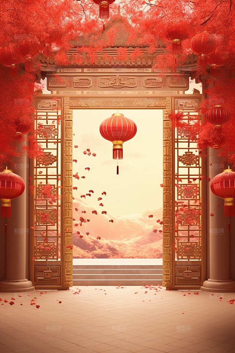 中式传统门楼热卖开业背景图