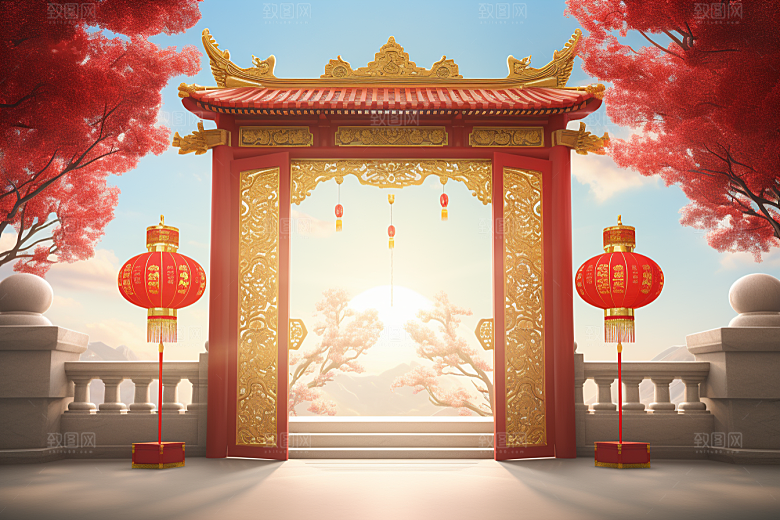 中式传统门楼开业大吉热卖背景图