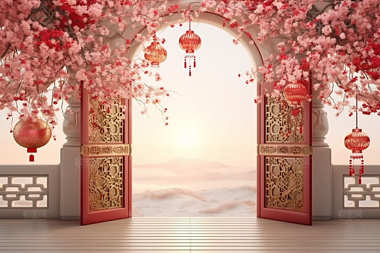 中式传统门楼火热直播背景图