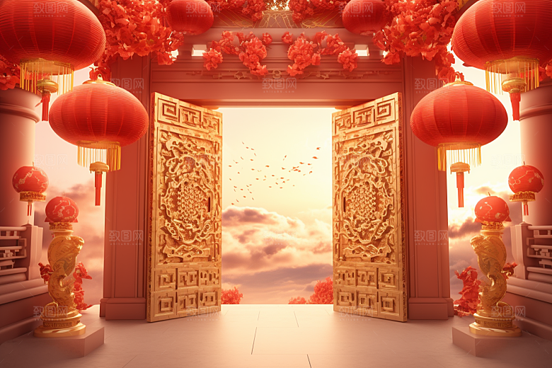 中式传统门楼国潮喜庆背景图