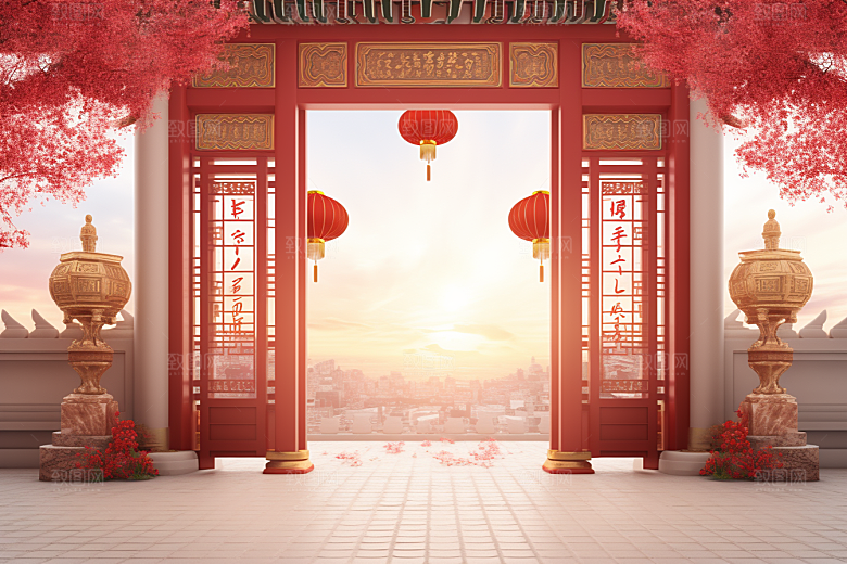 中式传统门楼国潮喜庆背景图