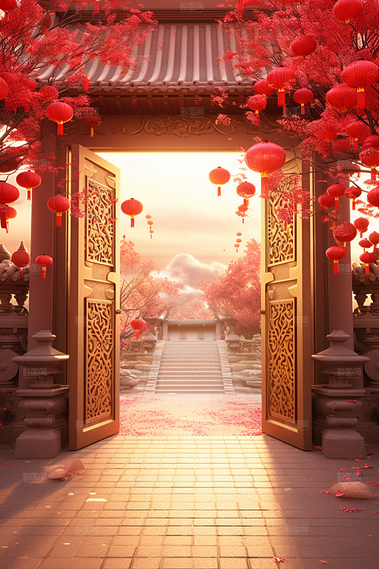 中式传统门楼开业国潮背景图