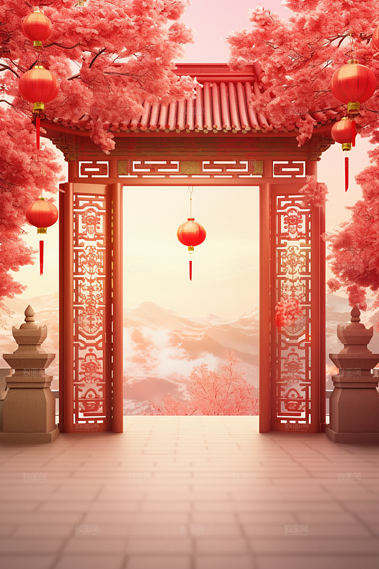 中式传统门楼开业直播背景图