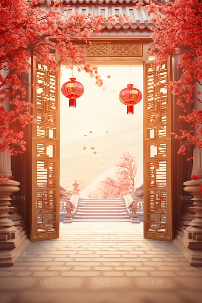 中式传统门楼火热开业背景图