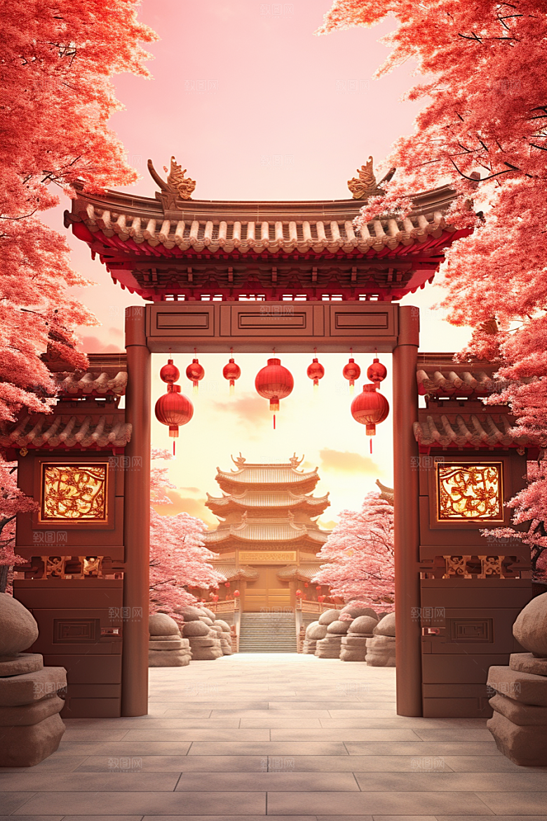 中式传统门楼开门红促销背景图