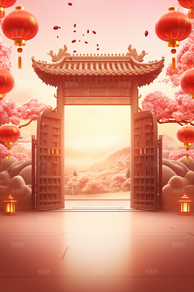 中式传统门楼直播国潮背景图