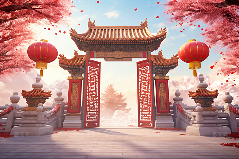 中式传统门楼喜庆中国风背景图