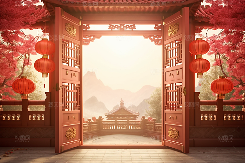 中式传统门楼火热开业背景图